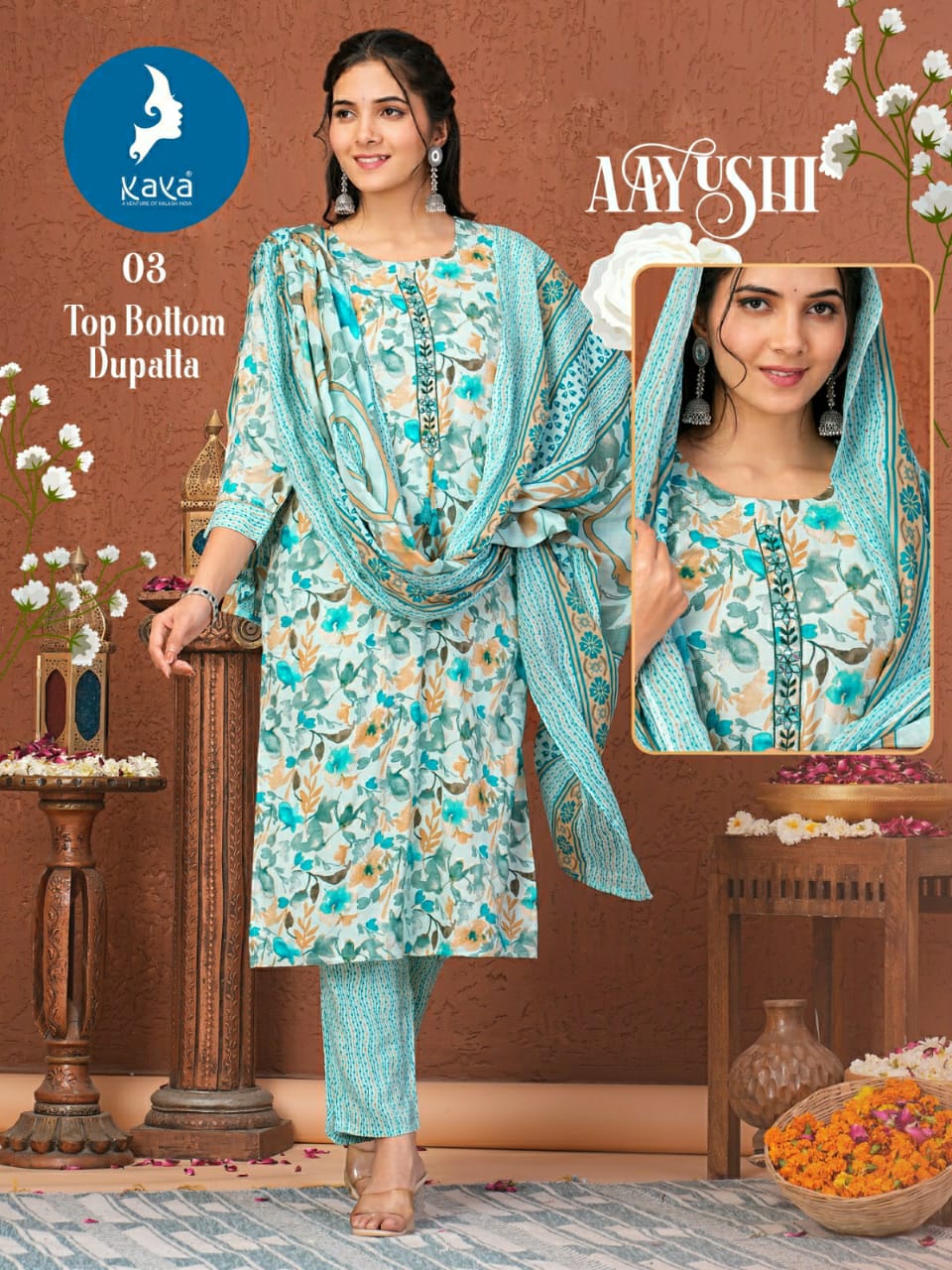 Aayushi By Kaya Rayon Foil Printed Kurti With Bottom Dupatta Wholesale Clothing Suppliers In India
